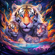 Illustrate The Tigress And Her Cubs Frolicking In A Shimmering Pool Of Water, Surrounded By Vibrant Swirls Of Neon And Pastel Colors