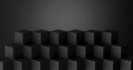 Poster - Black cube boxes with dark wall background. Abstract geometric pattern background. 3D rendering.