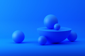 Aufkleber - Abstract geometric spheres on blue background. Abstract 3d render, modern minimalistic background design.
