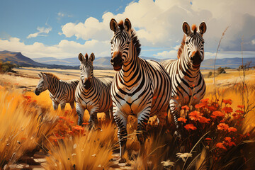 Poster - A group of zebras grazing in the grasslands, their stripes creating a mesmerizing optical effect. Painted Generative AI technology.