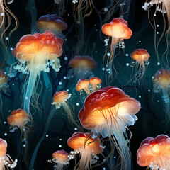 Leinwandbilder - A school of jellyfish drifting underwater, their translucent bodies forming ethereal patterns. Pattern for tiles. Generative AI technology.