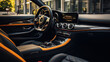 Leinwandbild Motiv Modern luxury car interior details, steering wheel, gearshift lever, and dashboard.