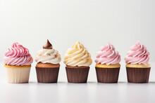 Row Of Tasty Cupcakes Isolated On White Background. Birthday Cupcake In Rainbow Colours, Copy Space Advertising