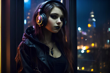 A beautiful girl in a Gothic image is standing at the window with headphones.