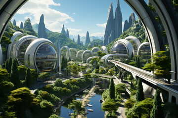 Poster - A futuristic urban landscape with sleek generator booths integrated seamlessly into the cityscape, emphasizing sustainable power solutions.  Generative AI technology.