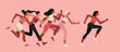Pink Woman Group Participating in Breast Cancer Running for Supporting Awareness Campaign and Charity Event, Healthcare Concept, Vector Flat Illustration