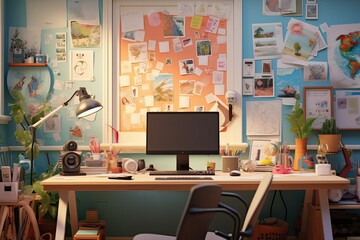 Aufkleber - Energetic home office. colorful stationery, dynamic decor, modern tech, vibrant workspace.