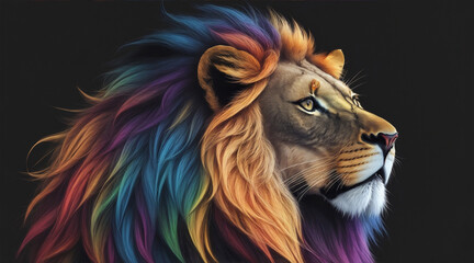 Wall Mural - A colorful lion with a black background by Generative AI