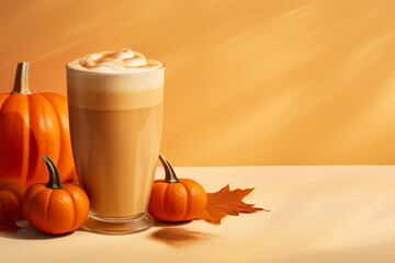 Seasonal pumpkin spice latte on orange background.