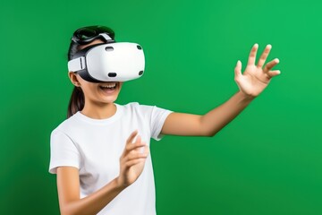 Asian woman in white t-shirt wearing vr headset