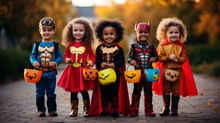 Adorable Trick-or-treaters In Cute Superhero Costumes Holding Out Their Candy Bags.