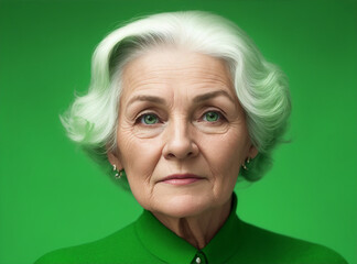 Wall Mural - Realistic photo of one older women with green background by Generative AI