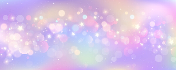 Wall Mural - purple unicorn background. pastel watercolor sky with glitter stars and bokeh. fantasy galaxy with h