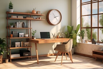 Aufkleber - Clean and elegant home office interior featuring a sleek desk, minimalist decor, and white palette.