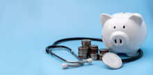 Financial Health Management Growth And Savings Concept With Piggy Bank And Money. Piggy Bank And Health Insurance Solutions And Medical Examination. Business Investment Assurance Emergency Medical.