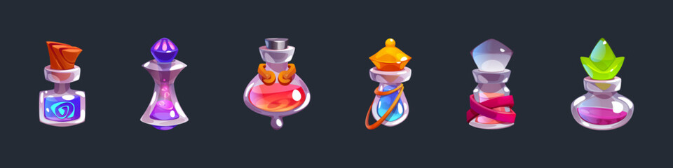 Aufkleber - Magic elixir glass bottle fantasy game asset set. Cartoon Halloween alchemy vial element with cork in blue, pink and green. Rpg apothecary wizard liquid mixture in jar. Mobile app chemical inventory
