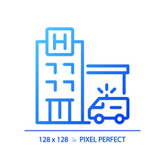 Poster - 2D pixel perfect blue gradient hospital icon, isolated vector, building thin line illustration.