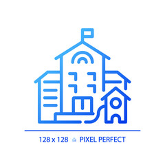 Sticker - 2D pixel perfect blue gradient building with flag icon, isolated vector, building thin line illustration.