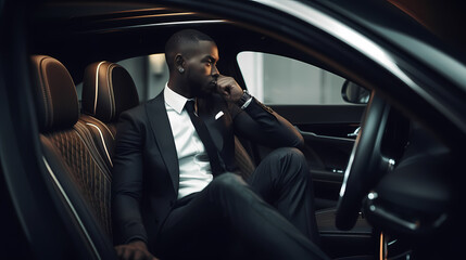 Handsome successful rich African businessman in lux car commute to work. Generation AI