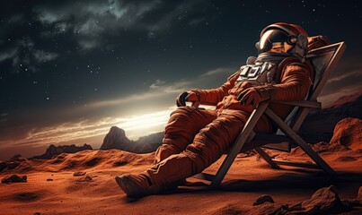 in the vast emptiness of mars, the astronaut takes a moment to relax in a beach chair.