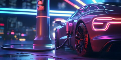 Generative AI illustration of futuristic neon electric car charging from power plant