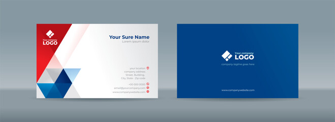 Set of double sided business card templates with blue and red triangles arranged on white and dark blue background