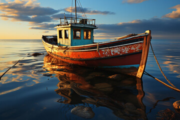 Poster - A photograph of a lobster boat at sunset, anchored in calm waters after a day of lobster fishing, Generative AI technology.