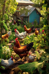 Poster - A group of chickens roaming freely in a backyard coop, symbolizing the growing trend of urban farming and sustainable food practices.  Generative AI technology.