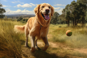Poster -  A golden retriever playing fetch with a ball in a grassy park, showcasing the energy and friendliness of this popular family dog breed.  Generative AI technology.
