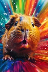 Poster - An abstract surreal photograph of a Guinea pig splashed in bright paint, contemporary colors and mood social background. Generative AI technology.