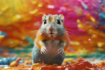 Poster - An vibrant photograph of a Gerbil splashed in bright paint, contemporary colors and mood social background. Generative AI technology.