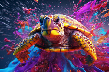 Aufkleber - An vibrant photograph of a Turtle splashed in bright paint, contemporary colors and mood social background. Generative AI technology.