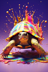 Poster - An abstract surreal photograph of a Tortoise splashed in bright paint, contemporary colors and mood social background.  Generative AI technology.