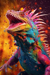 Aufkleber - An abstract surreal photograph of a Iguana splashed in bright paint, contemporary colors and mood social background.  Generative AI technology.