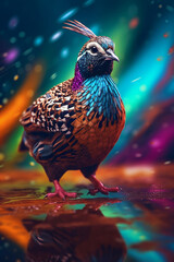 Aufkleber - An abstract surreal photograph of a Quail splashed in bright paint, contemporary colors and mood social background.  Generative AI technology.