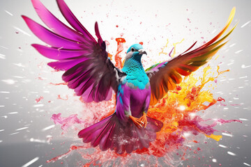 Aufkleber - An vibrant photograph of a Dove splashed in bright paint, contemporary colors and mood social background.  Generative AI technology.