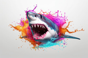Poster - An vibrant photograph of a Shark splashed in bright paint, contemporary colors and mood social background. Generative AI technology.