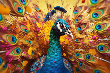 Poster - An abstract surreal photograph of a Peacock splashed in bright paint, contemporary colors and mood social background. Generative AI technology.