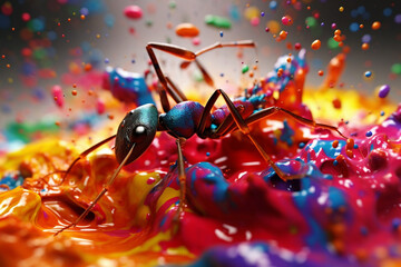 Aufkleber - An vibrant photograph of a Ant splashed in bright paint, contemporary colors and mood social background. Generative AI technology.