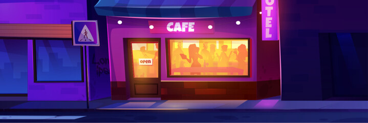 Wall Mural - Night city street cafe building outside cartoon background. Restaurant exterior with sidewalk and road with nobody. Open signboard on shop storefront and window with people silhouette in evening