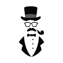 Silhouette Of Elegant Man In Hat, Glasses And Mustaches, Flat Vector Illustration Isolated On White Background.