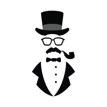 Wall Mural -  - Silhouette of elegant man in hat, glasses and mustaches, flat vector illustration isolated on white background.