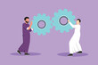 © onetime - Cartoon flat drawing teamwork cooperation in gears mechanism. Two Arab businessmen collaboration engaged in business direction to successful. Huge cogwheel machine. Graphic design vector illustration