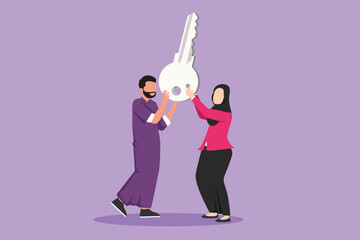 Wall Mural - Cartoon flat style drawing businessman, businesswoman lift up big key, symbol of success. Arabian male and female hold together key. Partnership can lead to success. Graphic design vector illustration