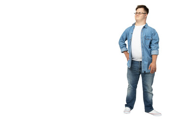 PNG,smiling young man with down syndrome in glasses, jeans and white t-shirt posing for camera,isolated on white background