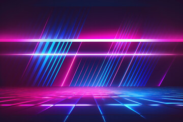 Wall Mural - Blur neon rays. Futuristic light. Defocused fluorescent pink blue color glowing lines on dark black geometric art illustration abstract background with copy space.