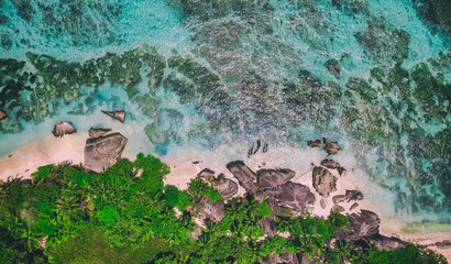 Wall Mural - Overhead aerial view of Anse Source Argent Beach in La Digue, Seychelle Islands - Africa