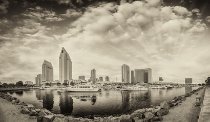 Sticker - Beautiful panoramic view of San Diego port and city skyline at sunset