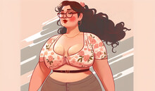 Obese beauty. Cartoon woman. Fashion illustration. Pop art picture of plus size female model in sexy crop-top smart glasses on light beige gray striped background.