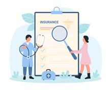 Medical Insurance Document Vector Illustration. Cartoon Tiny People With Stethoscope And Magnifying Glass Check Benefit Of Paper Insurance Form On Clipboard, Insure Health And Life Of Patient
